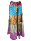 Womens Summer Blue, Multi Floral Maxi Skirt  Patchwork Recycle Silk Skirts S/M