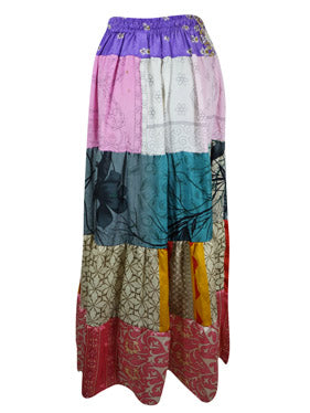 Womens Pink Floral Maxi Skirt Patchwork Recycle Silk Boho Chic Skirts S/M/L