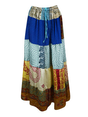 Womens Blue Multi Long Maxi Skirt Patchwork Recycle Silk Boho Skirts S/M/L