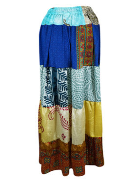 Womens Blue Long Maxi Skirt Patchwork Handmade Boho Skirts S/M/L