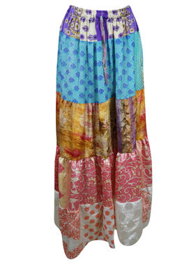 Womens Blue Multi Stylish Maxi Skirt Patchwork Recycle Silk Boho Skirts S/M/L