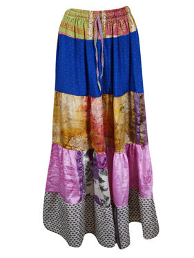 Womens Azure Blue Multi Flared Maxi Skirt Patchwork  Boho Skirts S/M/L