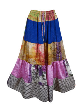 Womens Azure Blue Flared Maxi Skirt Patchwork Boho Skirts S/M/L