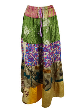 Womens Kelly Green Purple Floral  Maxi Skirt Patchwork Skirts S/M