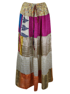 Womens Pink Flared Beach Maxi Skirt Patchwork Boho Skirts S/M/L