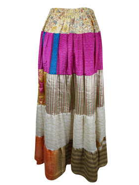 Womens Pink Flared Beach Maxi Skirt Patchwork Boho Skirts S/M/L