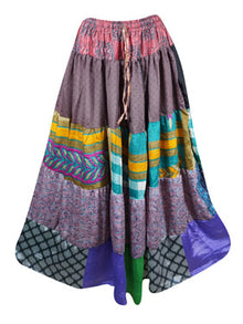  Womens Heather Purple Stylish Maxi Skirt Patchwork Silk Skirts S/M