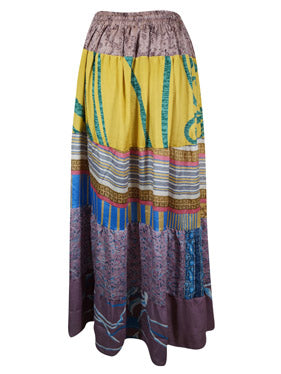 Womens Yellow Blue Flared Maxi Skirt Patchwork Boho Skirts S/M/L