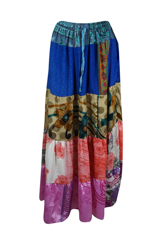 Womens Blue, Pink Floral Long Maxi Skirt Patchwork Boho Skirts S/M/L