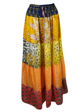 Womens Gold Yellow, Orange  Flared Maxi Skirt Patchwork Boho Skirts S/M/L