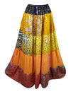 Womens Gold Yellow Orange Flared Maxi Skirt Patchwork Boho Skirts S/M/L