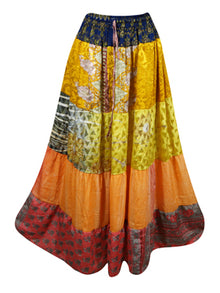  Womens Gold Yellow Orange Flared Maxi Skirt Patchwork Boho Skirts S/M/L