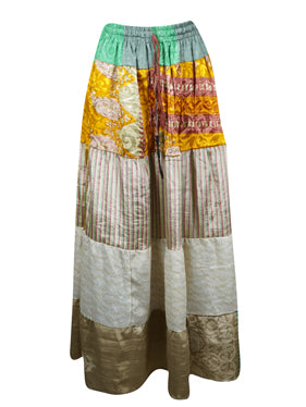 Womens Yellow, Beige Flared Maxi Skirt Patchwork Boho Skirts S/M/L