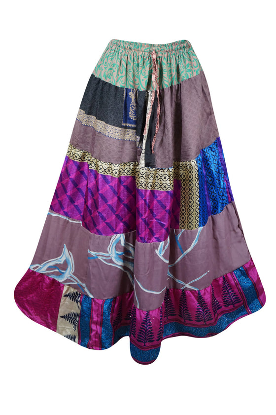 Womens Stylish Beach Maxi Skirt Purple Patchwork Boho Skirts S/M/L