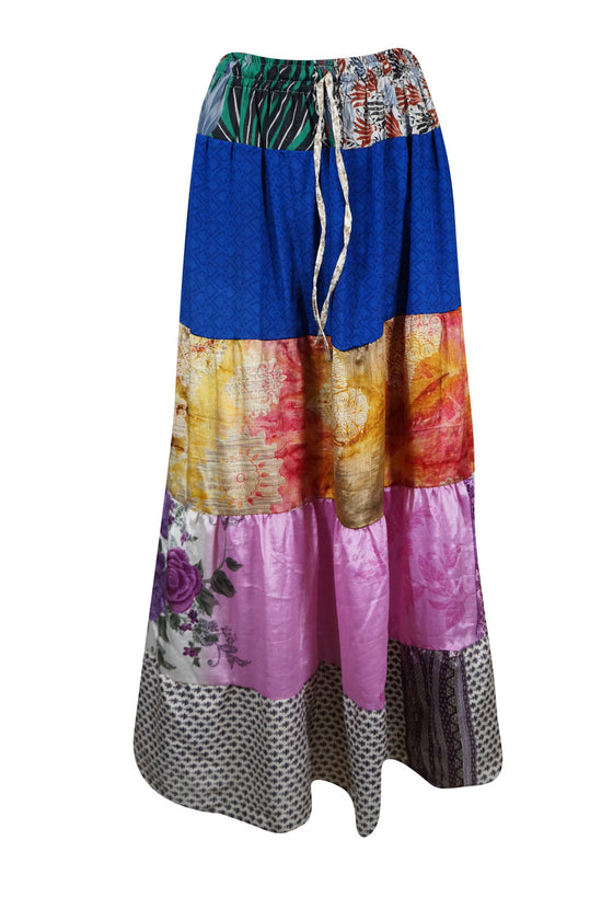 Womens Lapis Blue, Purple Floral Maxi Skirt Patchwork Boho Skirts S/M/L