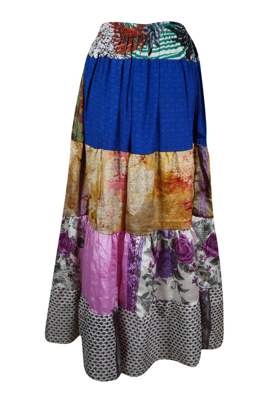 Womens Lapis Blue, Purple Floral Maxi Skirt Patchwork Boho Skirts S/M/L