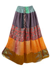 Womens Orange Flared Long Maxi Skirt Patchwork Boho Skirts S/M/L