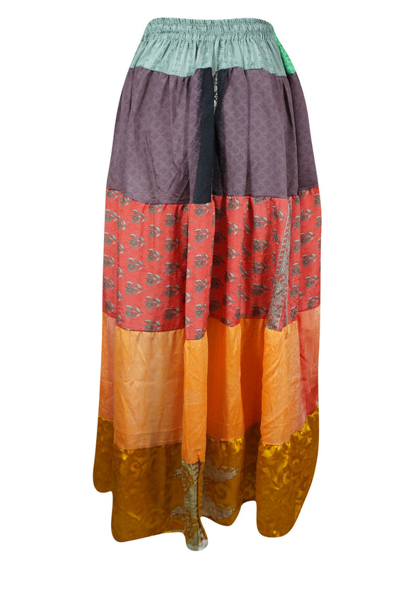 Womens Orange Flared Long Maxi Skirt Patchwork Boho Skirts S/M/L