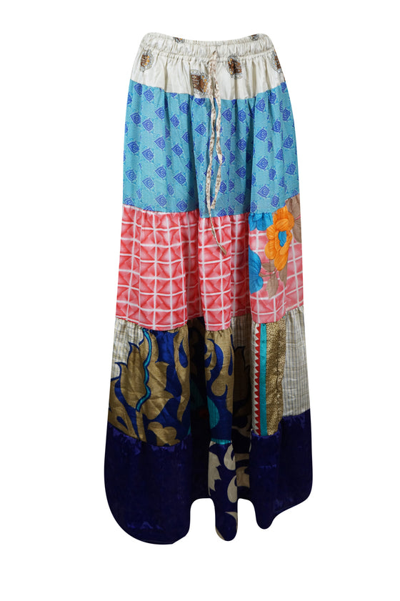 Womens Stylish Long Maxi Skirt Blue, Pink Patchwork Boho Skirts S/M/L