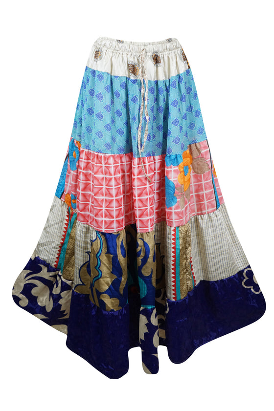 Womens Stylish Long Maxi Skirt Blue, Pink Patchwork Boho Skirts S/M/L