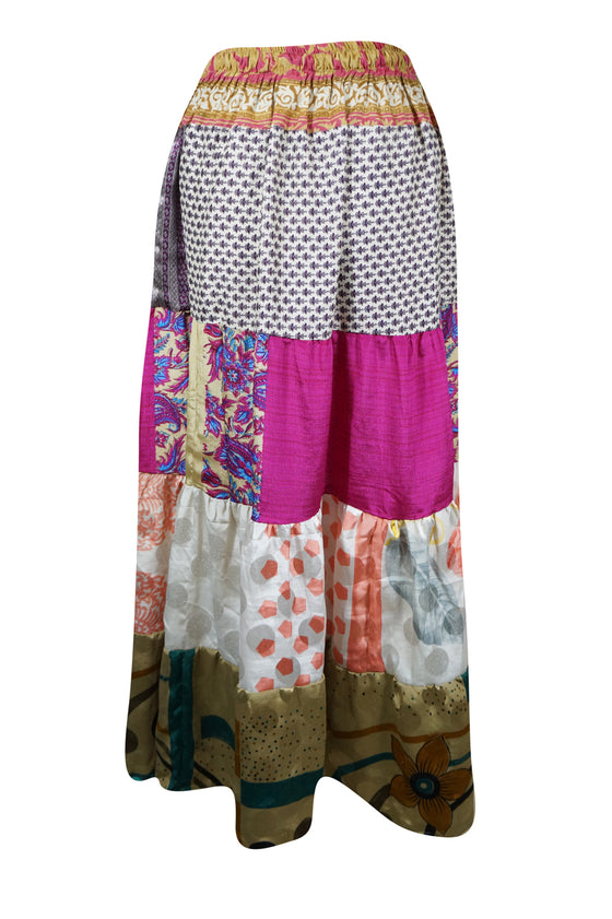 Womens Summer Beach Maxi Skirt Pink Floral Patchwork Boho Skirts S/M/L