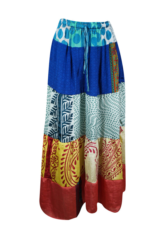 Womens Azure Blue Flared Maxi Skirt Patchwork Boho Skirts S/M/L