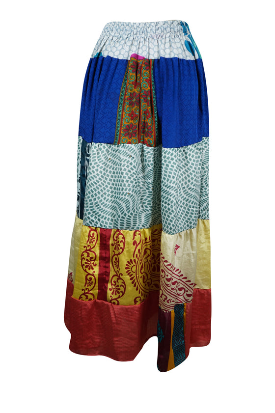 Womens Azure Blue Flared Maxi Skirt Patchwork Boho Skirts S/M/L