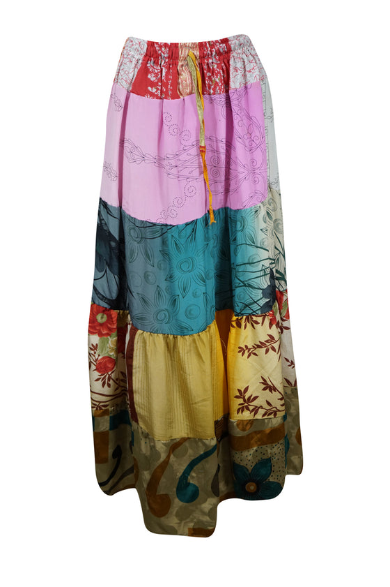 Womens Summer Beach Maxi Skirt Pink Floral Patchwork Boho Skirts S/M/L