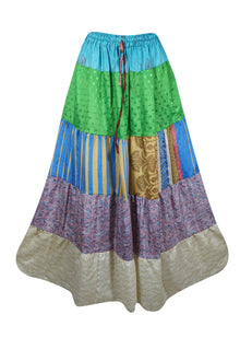  Womens Green Blue Flared Maxi Skirt Patchwork Boho Skirts S/M/L