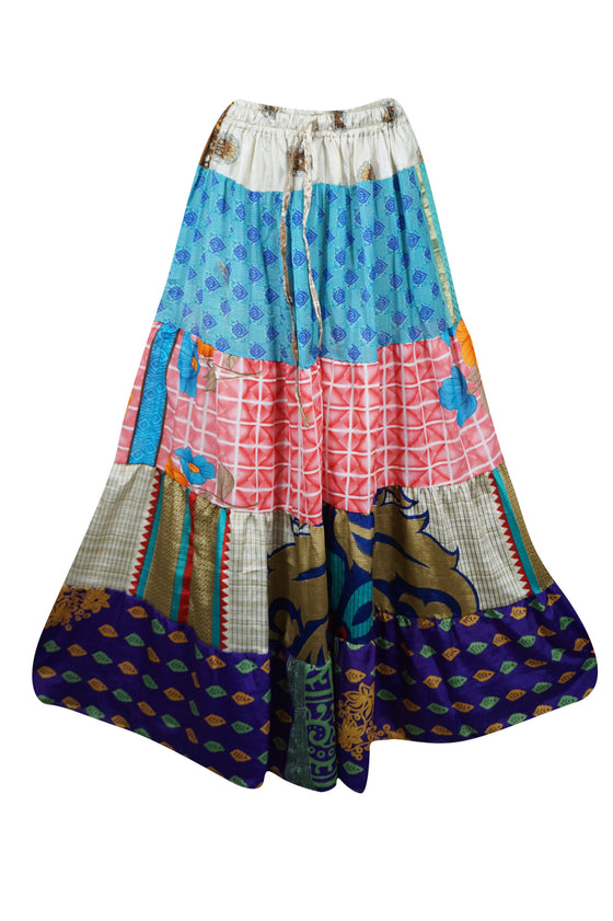 Womens Stylish Long Maxi Skirt Blue, Pink Patchwork Boho Skirts S/M/L