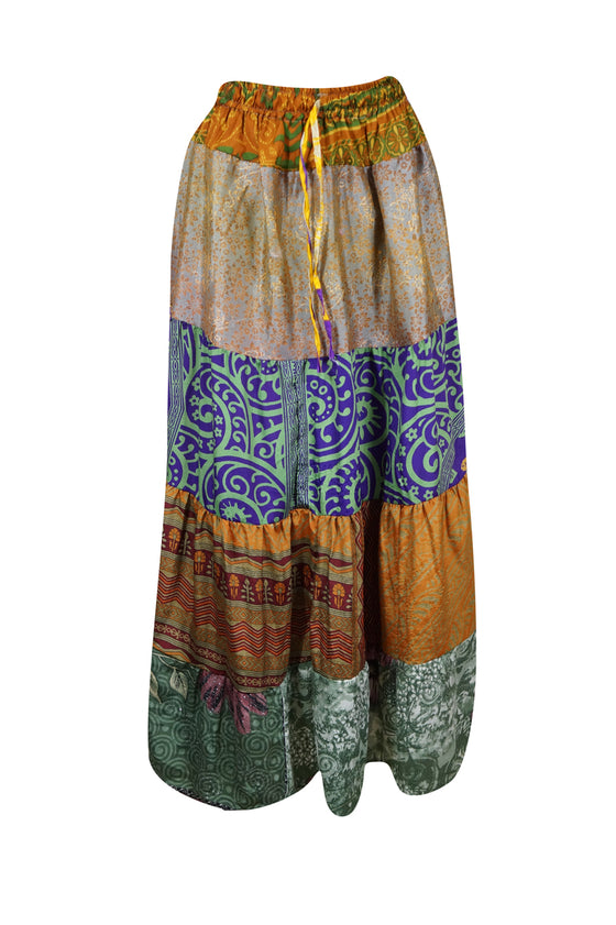 Womens Purple, Beige Flared Maxi Skirt Patchwork Boho Skirts S/M/L