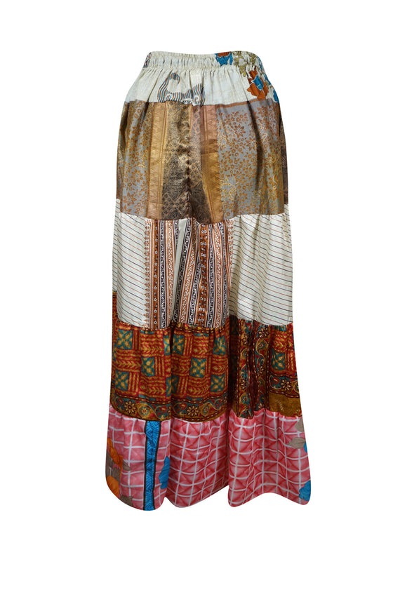 Womens Brown, Pink Flared Maxi Skirt Patchwork Boho Skirts S/M/L