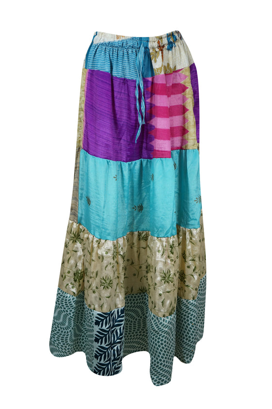 Womens Long Maxi Skirt Sky Blue, Multi Patchwork Boho Skirts S/M/L