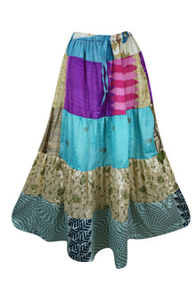  Womens Long Maxi Skirt Sky Blue, Multi Patchwork Boho Skirts S/M/L