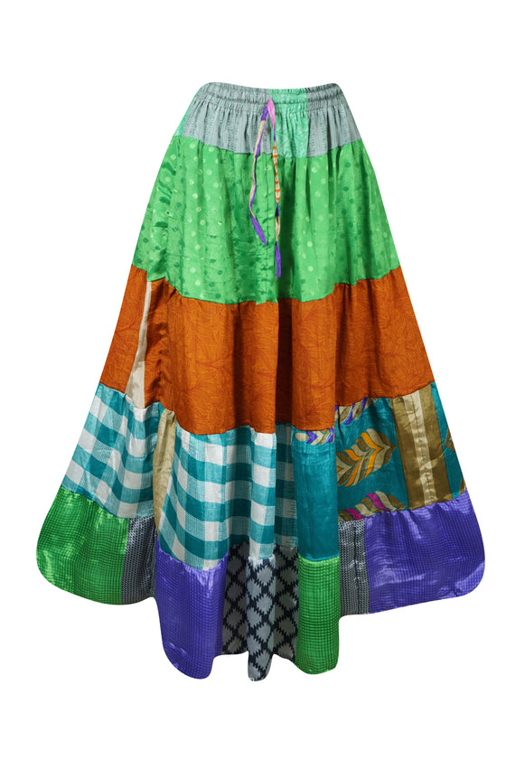 Womens Long Beach Maxi Skirt Kelly Green, Patchwork Boho Skirts S/M/L