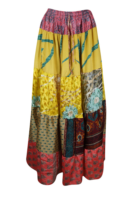 Women's Summer Maxi Skirt in Pineapple Yellow Floral Patchwork  Boho Style in S/M/L