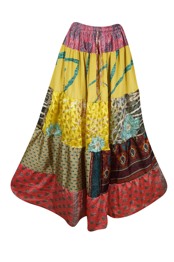 Women's Summer Maxi Skirt in Pineapple Yellow Floral Patchwork  Boho Style in S/M/L