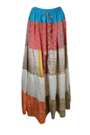 Womens Long Maxi Skirt, Red Beige Patchwork Boho Stylish Skirts S/M/L