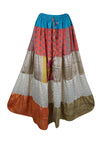 Womens Long Maxi Skirt, Red Beige Patchwork Boho Stylish Skirts S/M/L