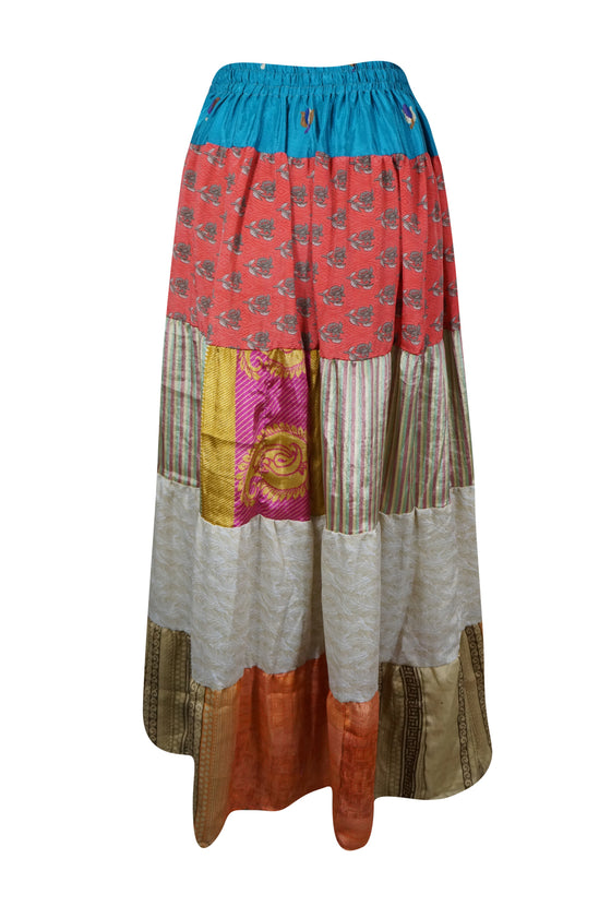 Womens Long Maxi Skirt, Red Beige Patchwork Boho Stylish Skirts S/M/L