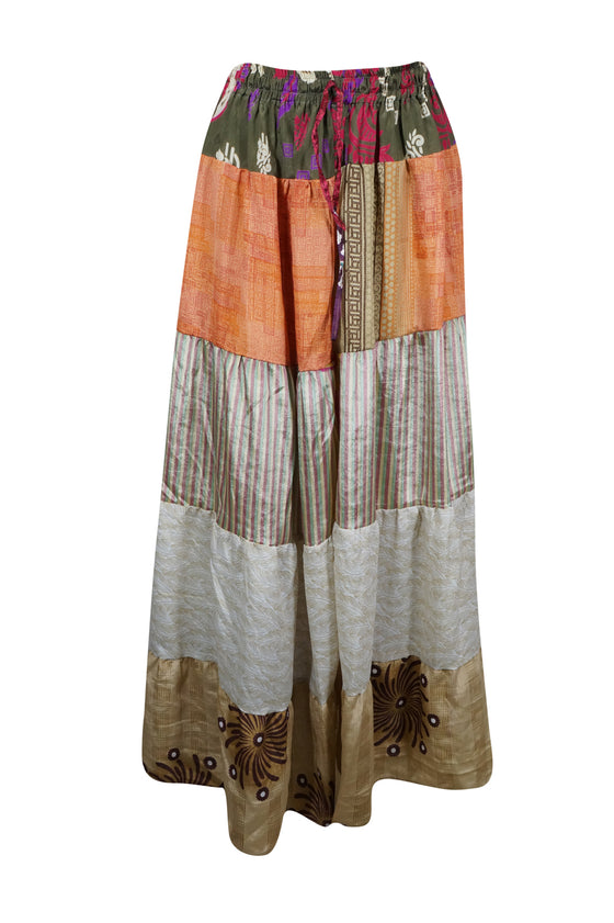 Womens Beige, Long Flared Maxi Skirt Patchwork Boho Skirts S/M/L