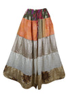 Womens Beige, Long Flared Maxi Skirt Patchwork Boho Skirts S/M/L