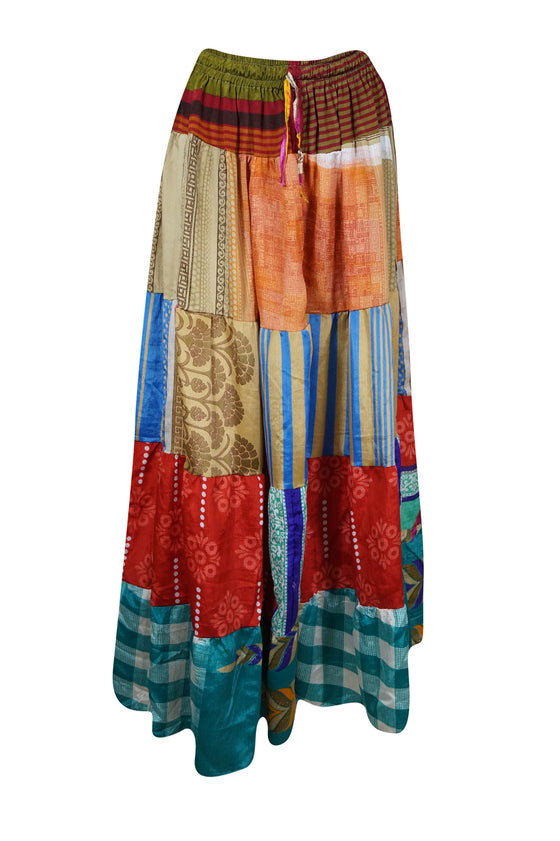 Womens Long Maxi Skirt, Red Multi Patchwork  Beach Cover Up Skirts S/M/L