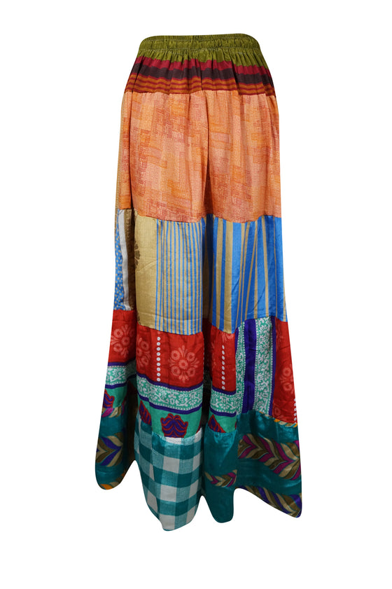 Womens Long Maxi Skirt, Red Multi Patchwork  Beach Cover Up Skirts S/M/L