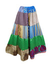 Womens Boho Maxi Skirt Blue, Green Patchwork Beach cover up Skirts S/M/L