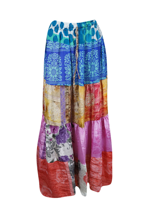 Womens Boho Maxi Skirt Blue, Patchwork Beach cover up Skirts S/M/L