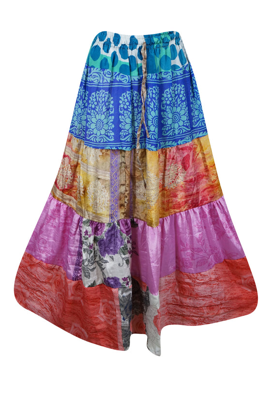 Womens Boho Maxi Skirt Blue, Patchwork Beach cover up Skirts S/M/L