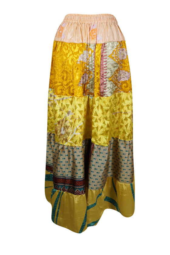 Summer Maxi Skirt in Honey Yellow Floral Patchwork Boho Style in S/M/L