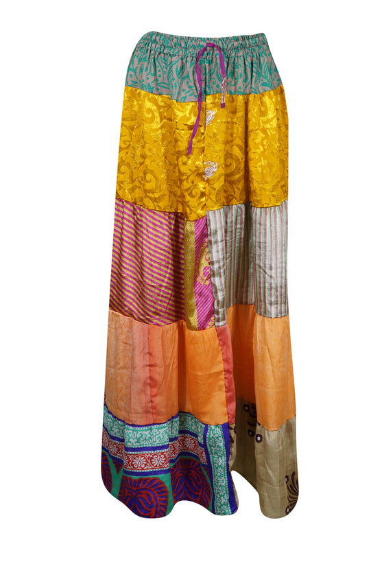 Summer Long Maxi Skirt in Yellow Multi Patchwork Boho Style in S/M/L