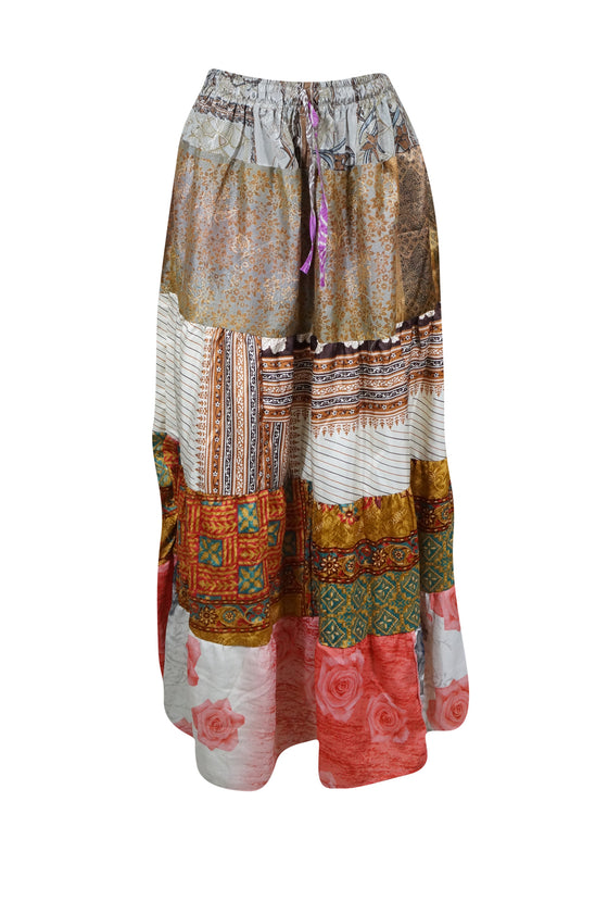 Womens Beige, Long Flared Maxi Skirt Patchwork Boho Skirts S/M/L